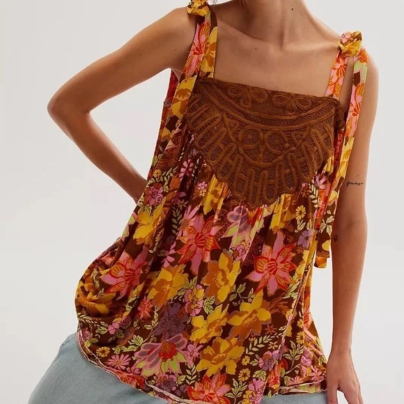 Free People Floral Print Boho Tank with Tie Straps - Size Small